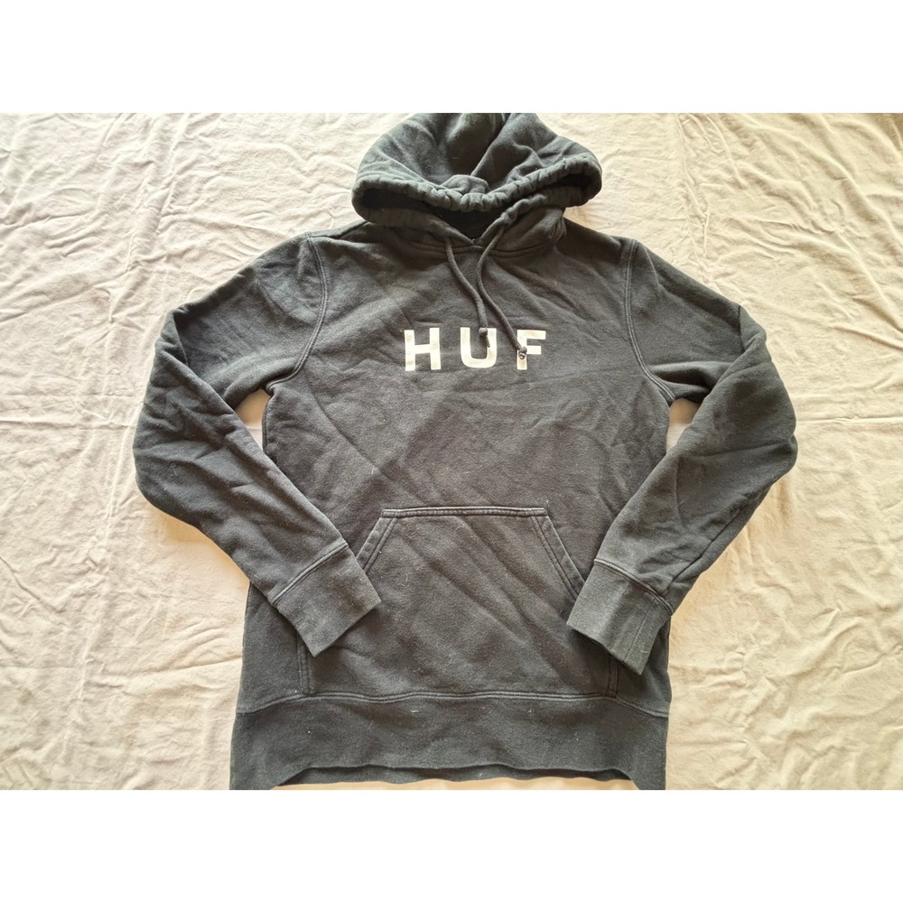 HUF Worldwide Mens Small Black Logo Pullover Hoodie Streetwear Fleece Sweatshirt